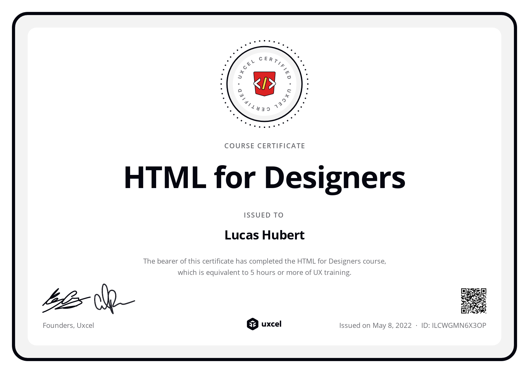 Lucas Hubert's certificate